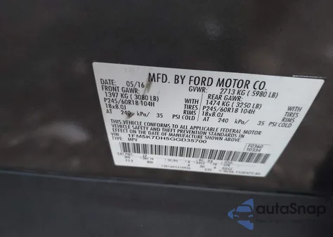 2016 Ford Explorer Xlt from USA, damaged, VIN 1FM5K7DH5GGD35700